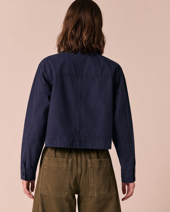 model wears mattia ink cotton pioplin top
