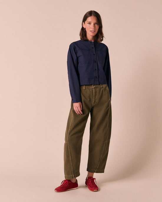 model wears mattia ink cotton pioplin top