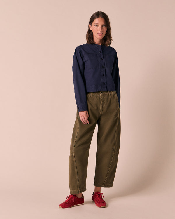 model wears mattia ink cotton pioplin top