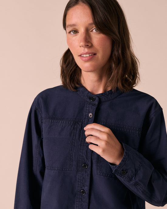model wears mattia ink cotton pioplin top