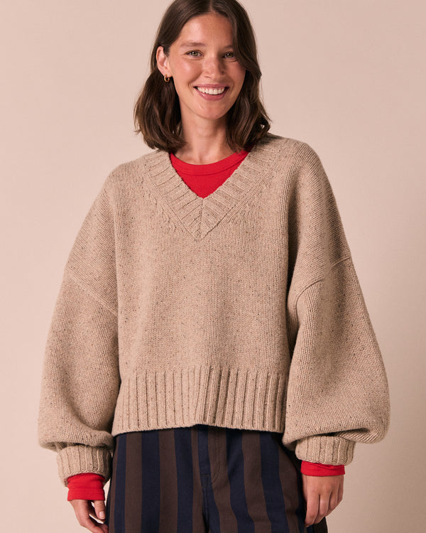 model wears phoebe pebble knitted jumper