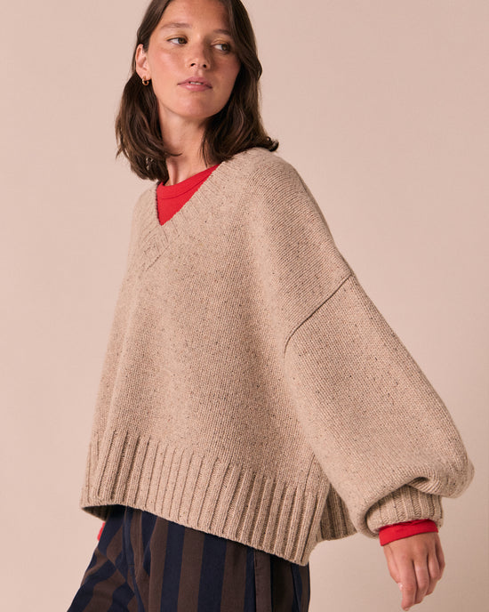 model wears phoebe pebble knitted jumper