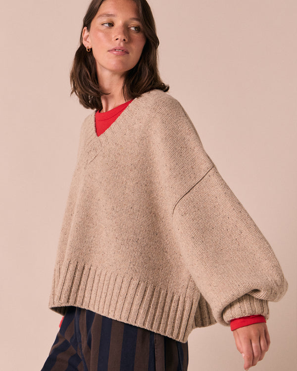 model wears phoebe pebble knitted jumper