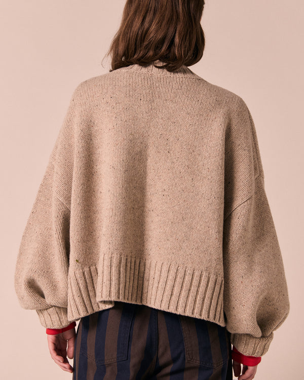 model wears phoebe pebble knitted jumper