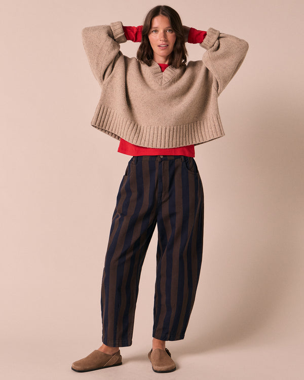 model wears phoebe pebble knitted jumper