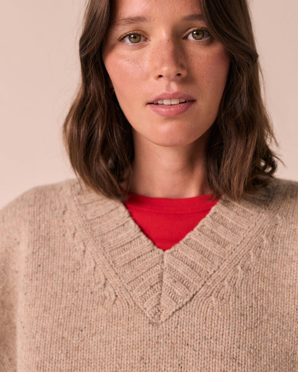 model wears phoebe pebble knitted jumper