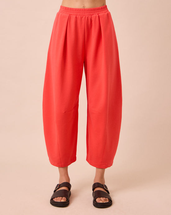 model wears daisy watermelon jersey trousers front