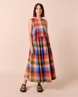 model wears dakota sundown check linen dress
