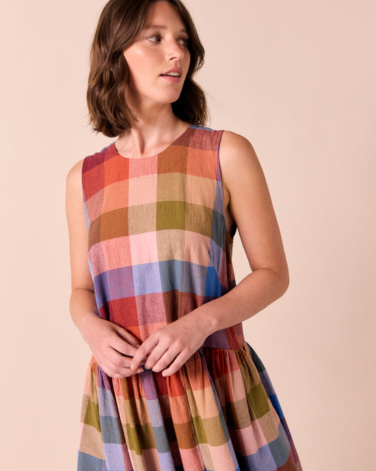 model wears dakota sundown check linen dress