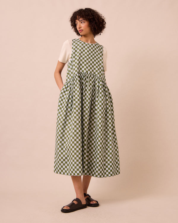 model wears dakota sky checkerboard linen dress