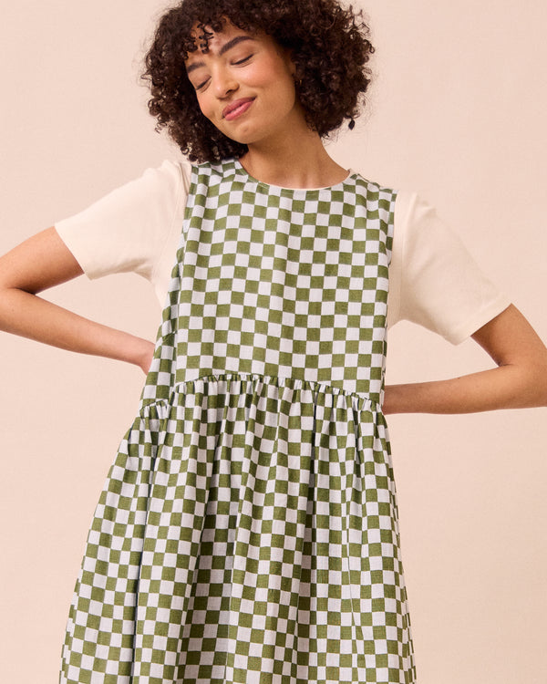 model wears dakota sky checkerboard linen dress