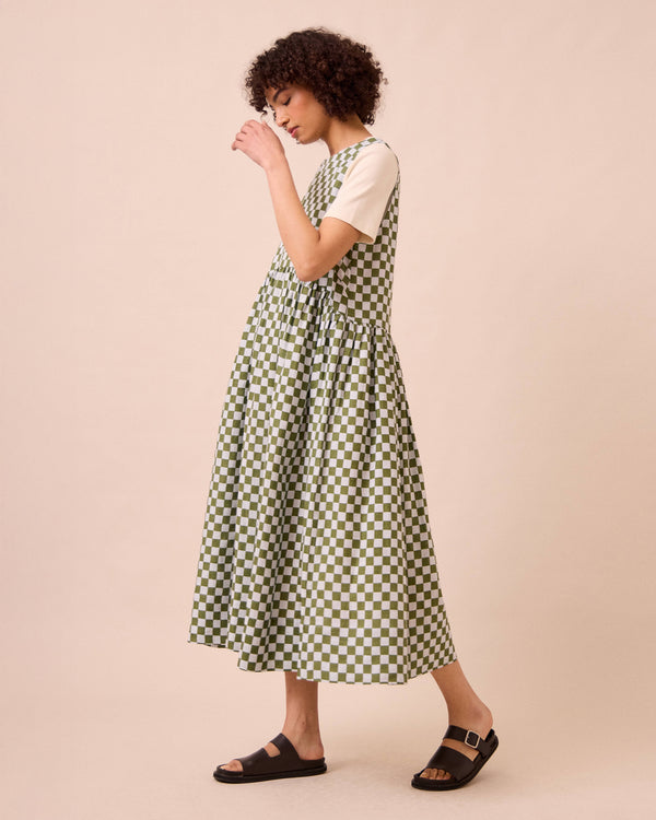 model wears dakota sky checkerboard linen dress