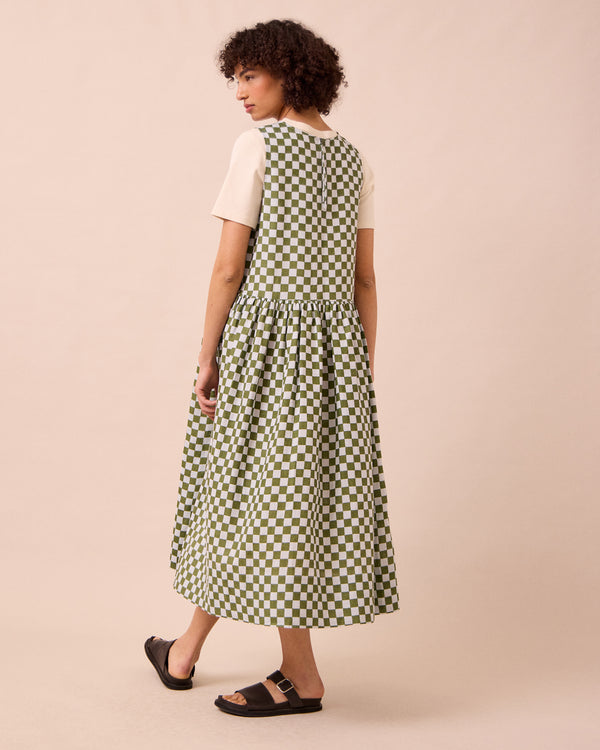 model wears dakota sky checkerboard linen dress