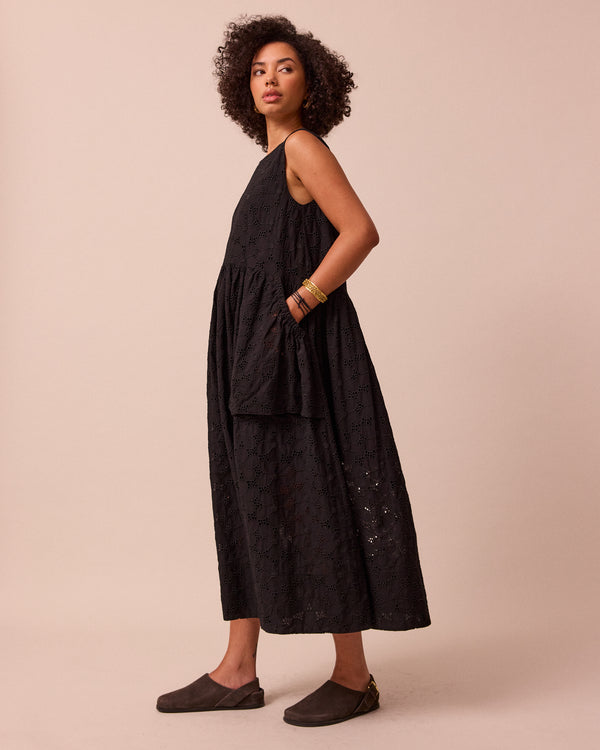 model wears darcy broderie dress