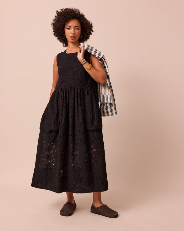 model wears darcy broderie dress