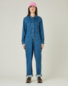 model wears mid blue denim coverall