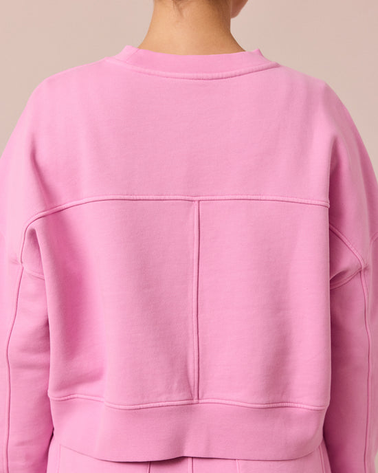 model wears eden washed pink jersey jumper
