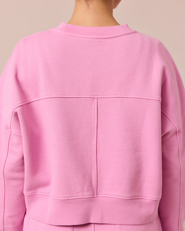 model wears eden washed pink jersey jumper