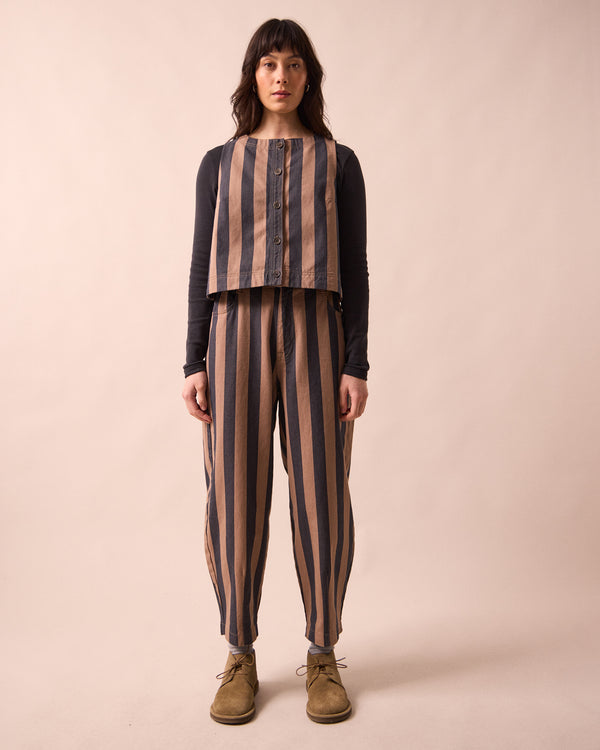 model wears elodie mocha and graphite denim top