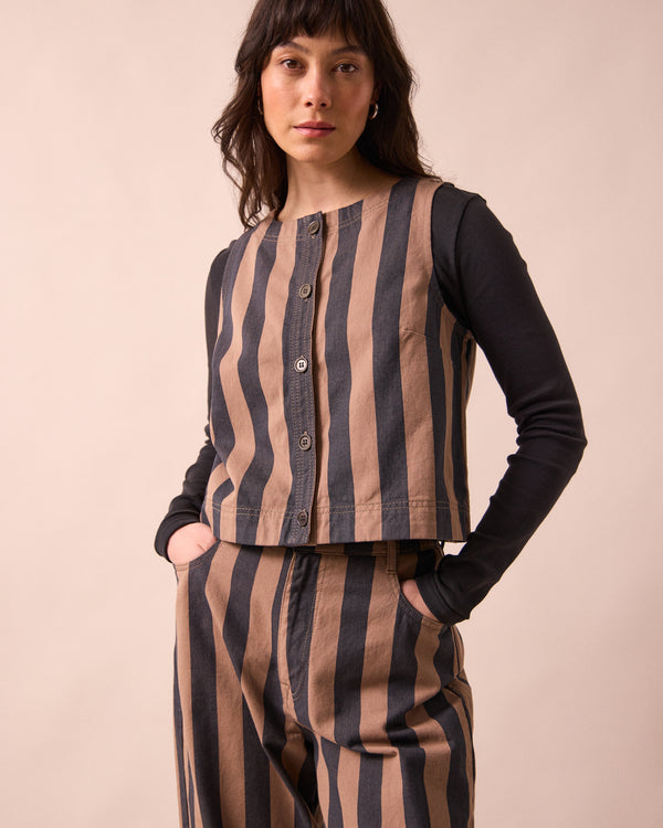 model wears elodie mocha and graphite denim top