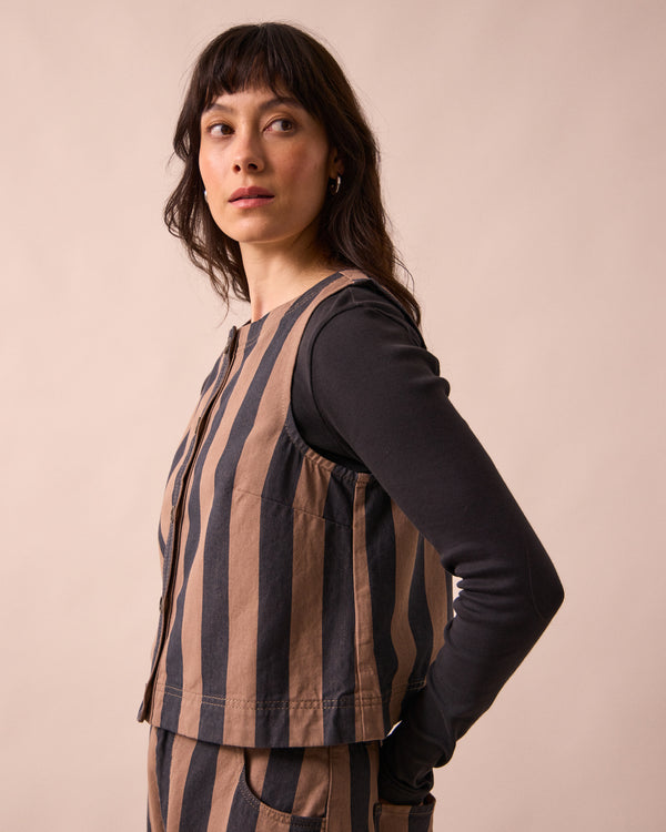 model wears elodie mocha and graphite denim top