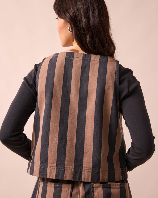 model wears elodie mocha and graphite denim top