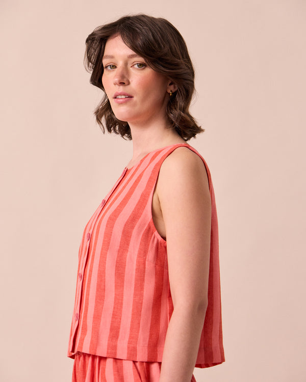 model wears elodie sorbet stripe linen top