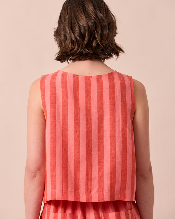 model wears elodie sorbet stripe linen top