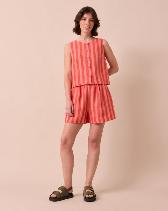 model wears elodie sorbet stripe linen top