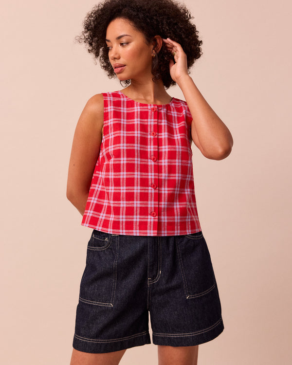 model wears elodie cherry check cotton linen top