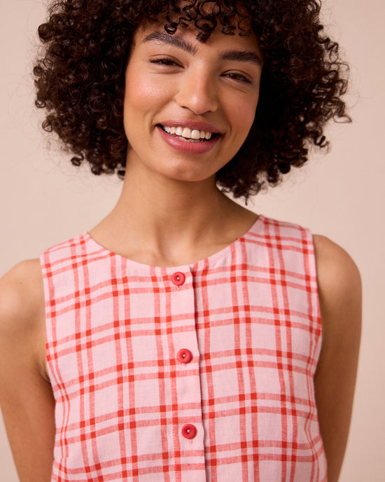 model wears elodie rosa plaid linen top