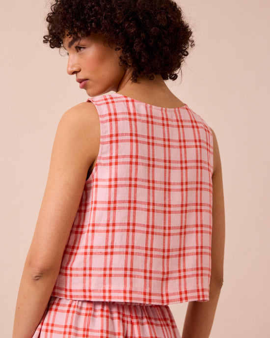 model wears elodie rosa plaid linen top