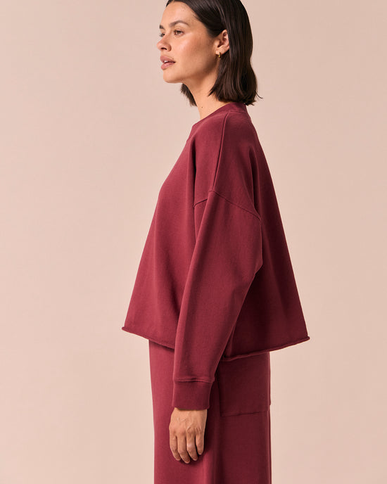 model wears eloise washed berry jersey jumper