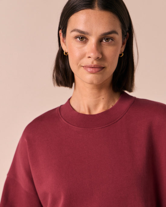 model wears eloise washed berry jersey jumper