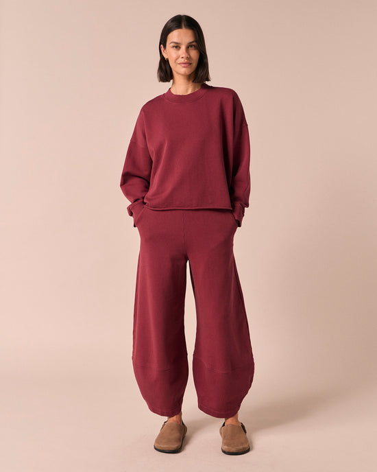 model wears eloise washed berry jersey jumper