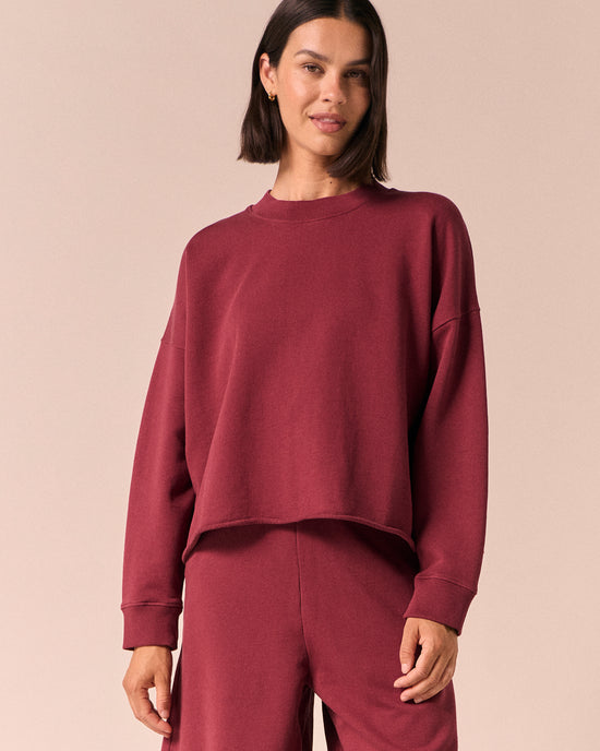 model wears eloise washed berry jersey jumper
