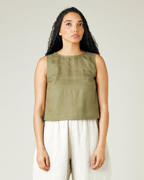 model wears light khaki esme top