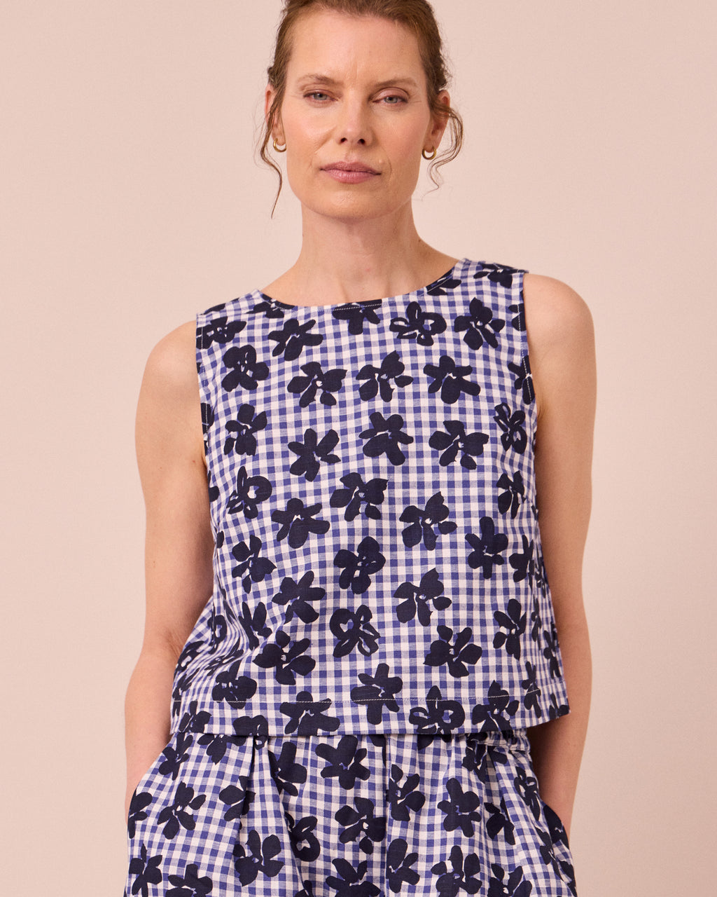Esme Floral Stamped Gingham Cotton Linen Top