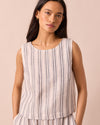 model wears esme sailor stripe linen top