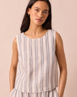 model wears esme sailor stripe linen top