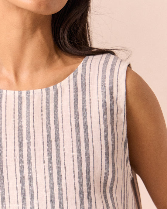 model wears esme sailor stripe linen top