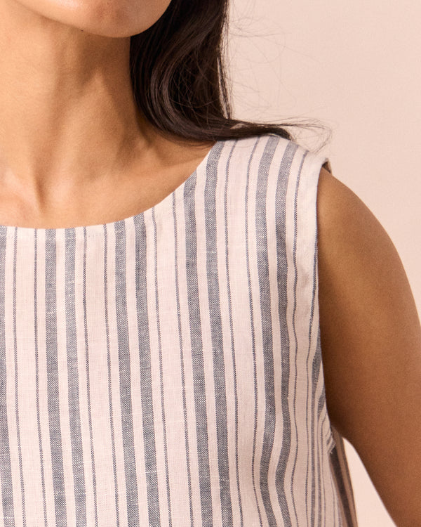 model wears esme sailor stripe linen top