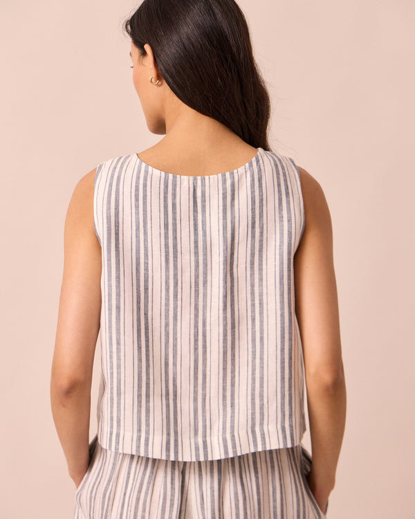 model wears esme sailor stripe linen top