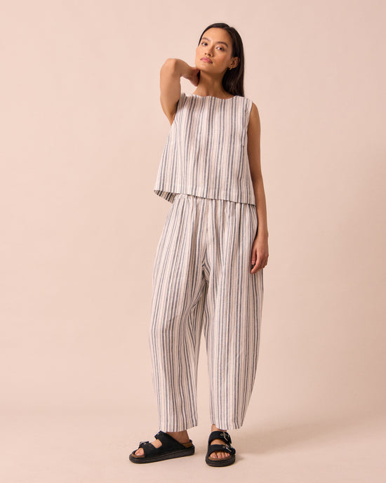 model wears esme sailor stripe linen top