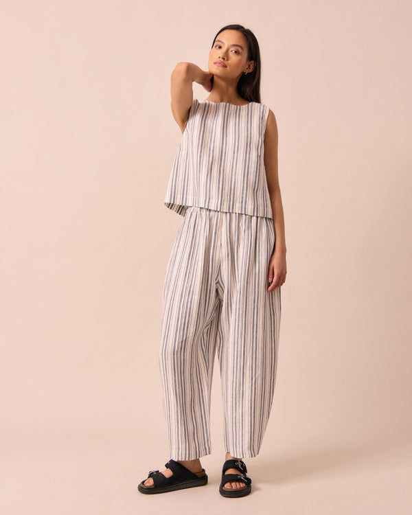 model wears esme sailor stripe linen top