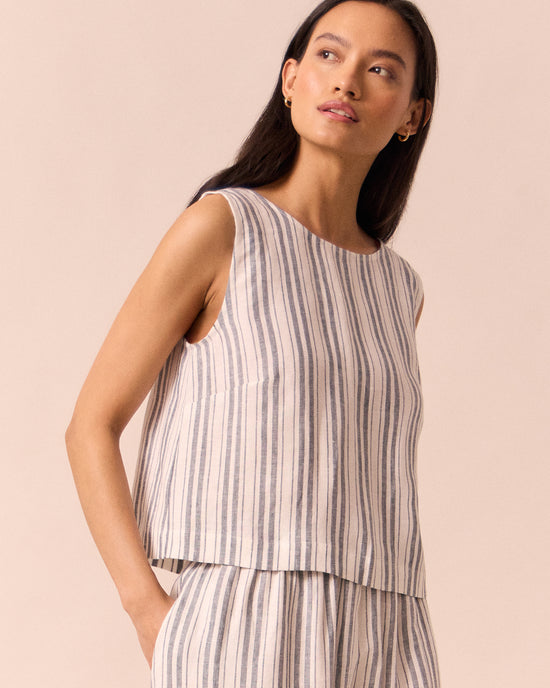 model wears esme sailor stripe linen top
