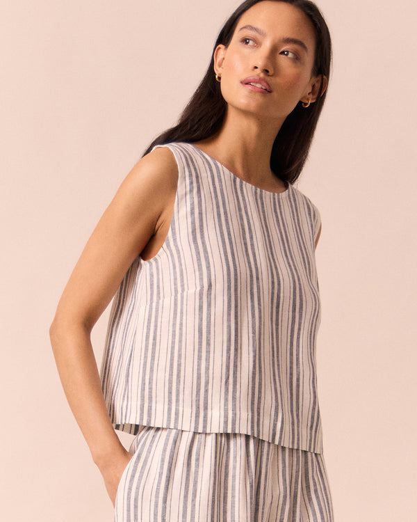 model wears esme sailor stripe linen top