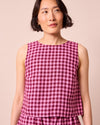 model wears esme summer berry gingham top