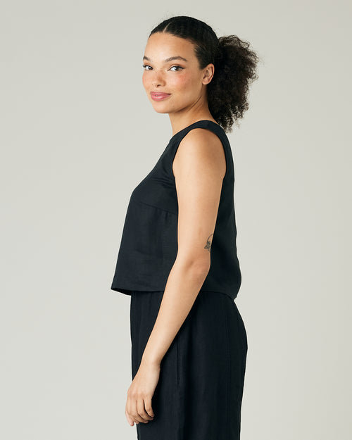 model wears black linen esme top