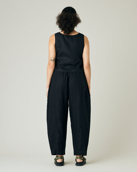 model wears black linen mabel trousers